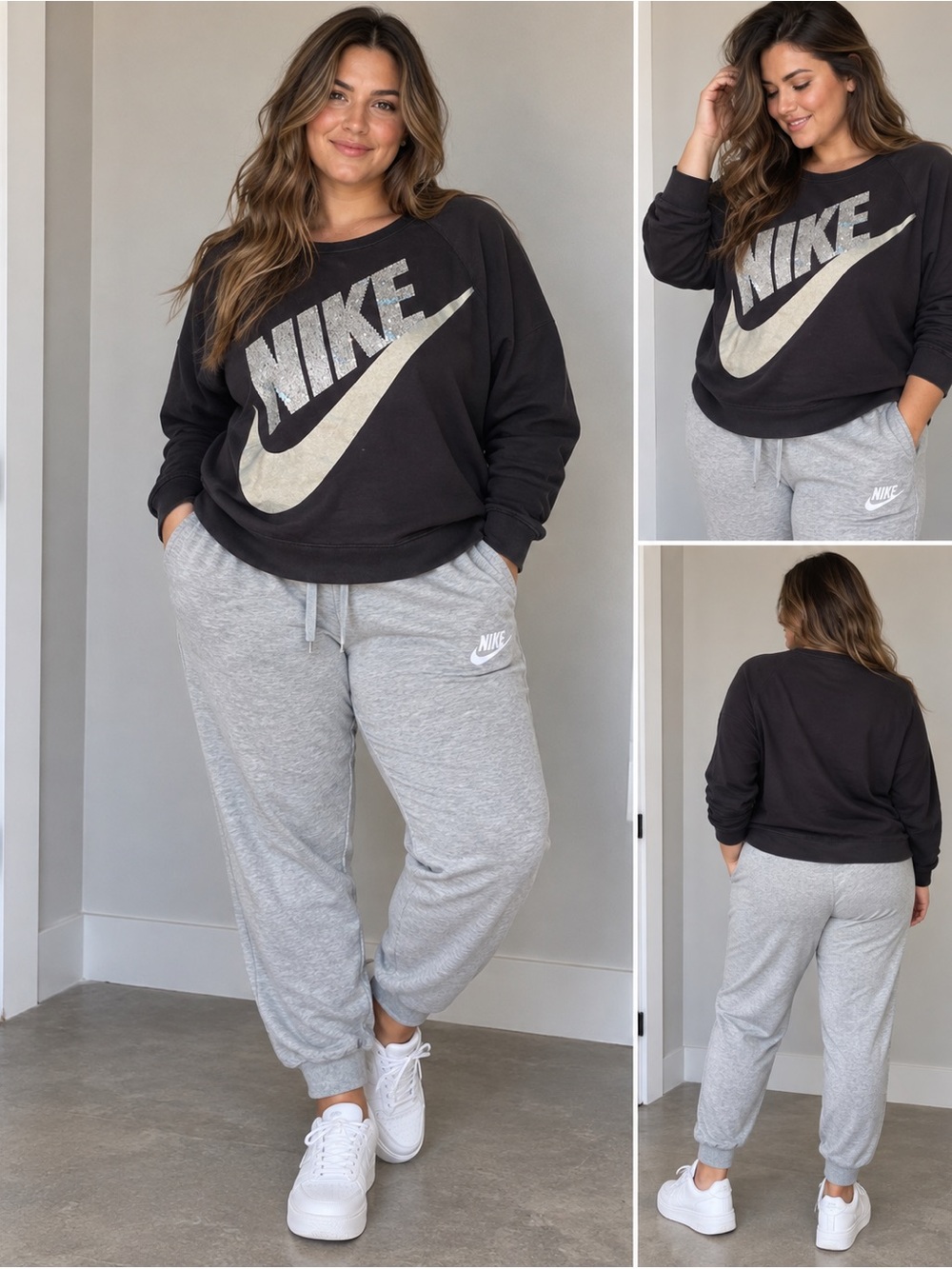 Nike women’s XL Black Sweatshirt with Light Gray Jogger Pants outfit